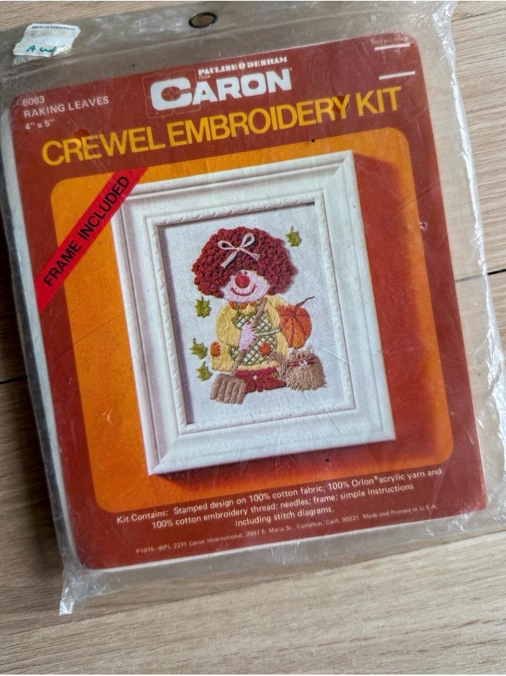 Caron Crewel Embroidery Kit - Fall Scarecrow Design - Orange/Brown